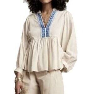 NWOT Banana Republic Embroidered Babydoll‎ Peplum V-Neck Boho Blouse Size Large
